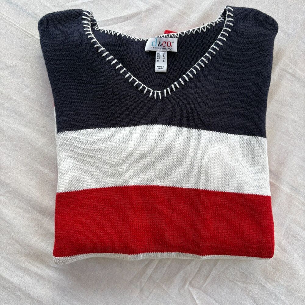 D&Co Red White Navy Striped Cotton Sweater Women's M Nautical Preppy